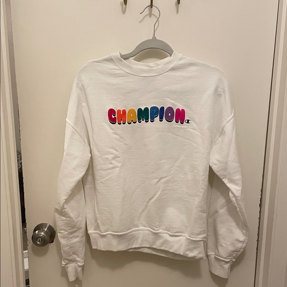 Champion White Sweatshirt with Multicolor Bubble Logo